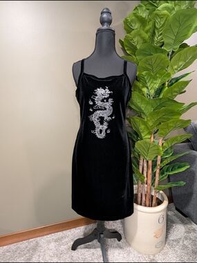 Y2K - Large - Black Velvet Glitter Dragon Dress - 90s